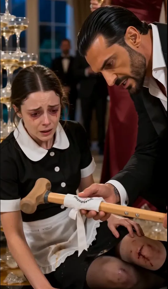 THE MAFIA BOSS WATCHED VANESSA DEMAND HIS HOUSEKEEPER CLEAN THE CHAMPAGNE WRECKAGE, BUT THE MAID COULD BARELY BEND HER BLEEDING LEFT LEG.