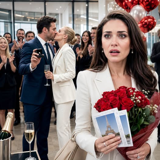 I brought flowers and Paris flight tickets to the office to surprise my husband for Valentine’s Day. But the whole company was celebrating his engagement to the female CEO. My husband kissed her, then held up a diamond ring as the crowd cheered. I turned around and walked away. I instantly canceled the trip. Froze all joint accounts. And withdrew my 83% share from the company—worth 558 million. Thirty minutes later, my phone showed 152 missed calls. Then my doorbell rang.