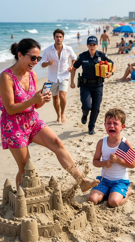 An entitled influencer livestreamed herself kicking my son’s sandcastle into the ocean because it “ruined her aesthetic”—twenty minutes later, the senior lifeguard marched toward her with a megaphone and a golden box. Then the only sound we could her was her scream.