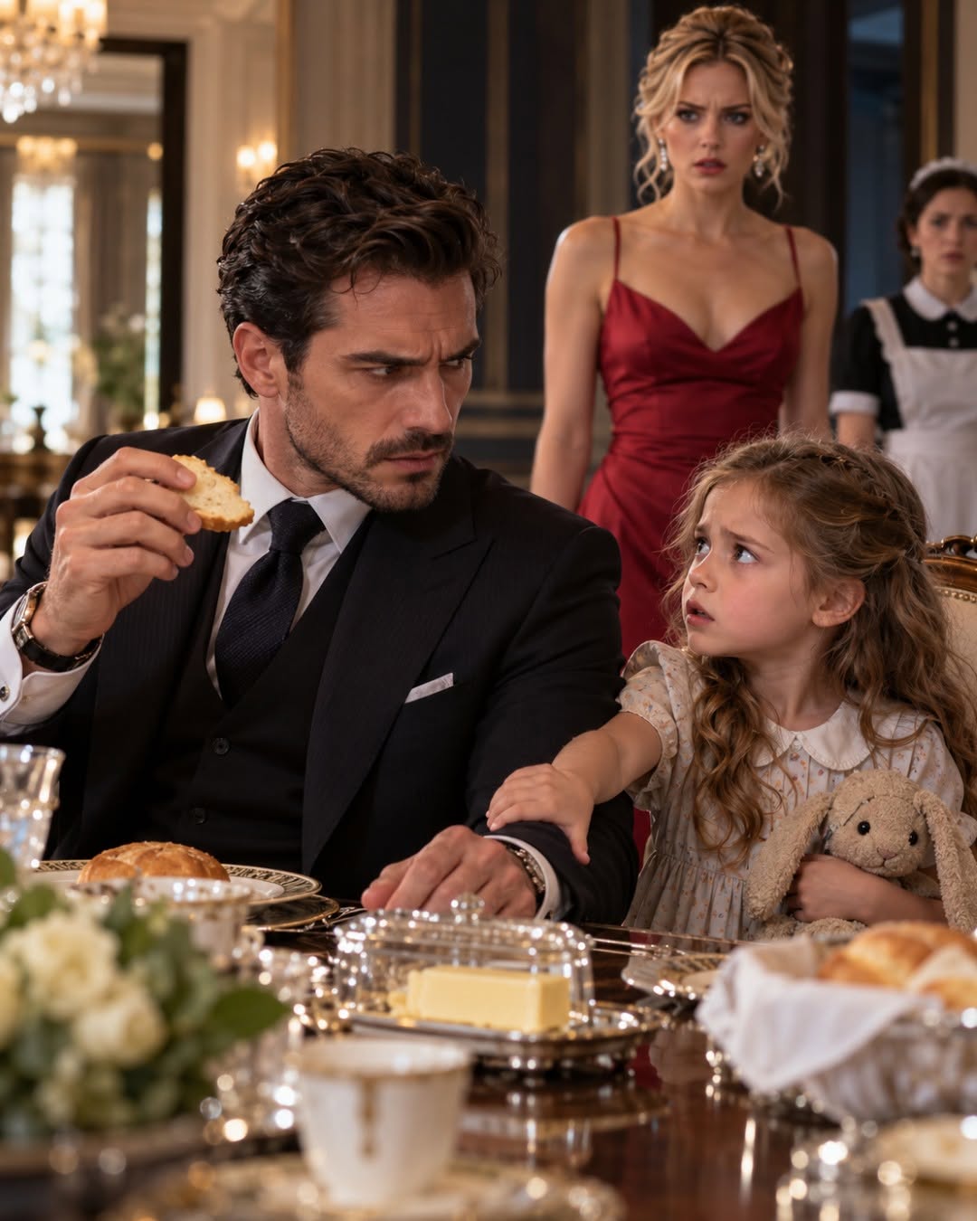 The bread stopped two inches from Vincent Moretti's mouth, because a six-year-old's hand had closed around his wrist. *Don't eat that, Mr. Moretti. She put something in it.* He asked who. The child looked at the hallway and whispered a name he was supposed to marry in three months. Vincent pushed the butter dish across the table and said two words to the woman he loved: *You first.* What happened in the silence that followed — the color draining from her face before her mouth could build a lie — told him the child was right. But the child did not know the rest. She did not know about the little white bottle, the study she was never supposed to enter, or the brother who had already chosen which one of them would take the fall. Vincent was about to find out that the poison was never meant for his body. It was meant for his name.