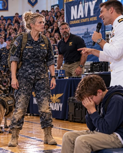 FULL STORY A Navy officer handed my eleven-year-old son a microphone in front of three hundred kids and made him say it again: "My mom is a Navy SEAL." Then he told the whole gym my son was lying. Ten minutes later, I walked in with sand still on my boots and said, "He's right. I'm not a SEAL." The gym exploded with laughter. That's when the real SEAL at the next table stood up.