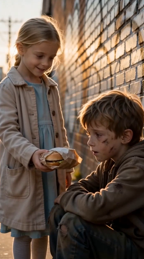 The little girl saw him sitting alone against the brick wall