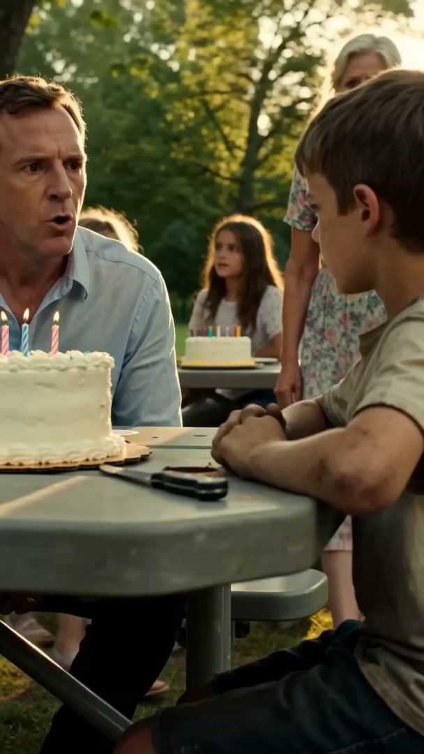 The park was glowing in soft golden light. Children laughed around the picnic tables, yellow balloons danced in the breeze, and the birthday cake sat in the middle like the happiest thing in the world