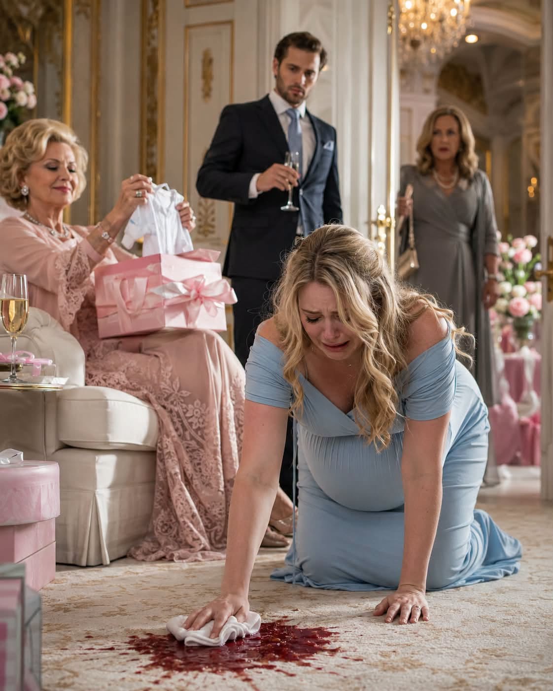 “Crawling Is Good Exercise for You.” — At Her Own Baby Shower, an 8-Month-Pregnant Woman Was Forced to Scrub the Floor While Her Mother-in-Law Stole Every Gift… Until Her Mother Took the Mic and Said Five Words That Destroyed Their Fortune Before Sunset