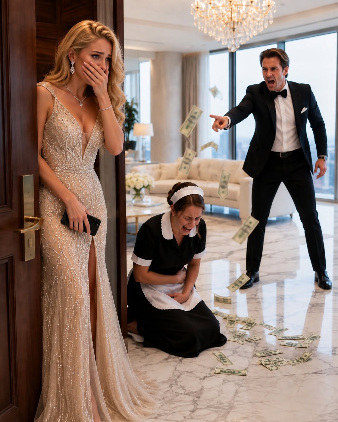 I walked into my fiancé’s townhouse expecting to ask for his passport number. Instead, I found his twenty-two-year-old housekeeper kneeling on the marble floor, crying and protecting her stomach while he stood over her saying, “Get rid of that baby. It will destroy my career.” Adrian thought I was simply the woman he planned to marry. He had forgotten what I did before we met.