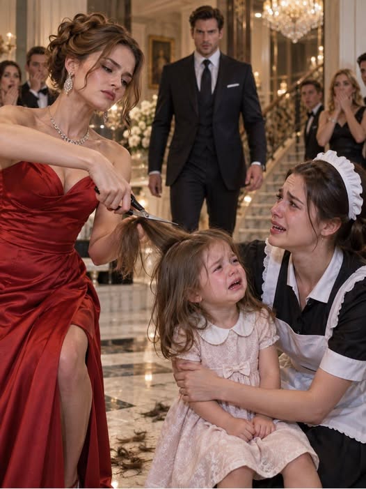 The scissors were already open when the room went quiet. Forty of the city's wealthiest guests stood frozen around a three-year-old girl clutching a worn stuffed rabbit, watching a woman in a five-figure gown decide her hair didn't belong in that house. Nobody moved. Nobody spoke. And in the ten seconds that followed, an engagement would end, a photograph would fall out of a small coat pocket, and a billionaire would look into a stranger's eyes and see his dead sister staring back. By the time the night was over, one family would be broken beyond repair — and another would finally begin.
