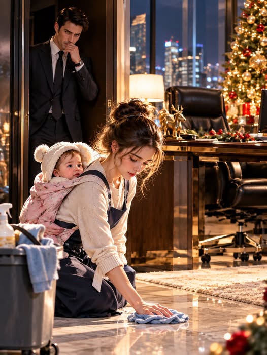 She Cleaned The CEO’s Office On Christmas Eve With Her Baby—Unaware The Man Watching In The Dark Had Already Lost A Child Of His Own
