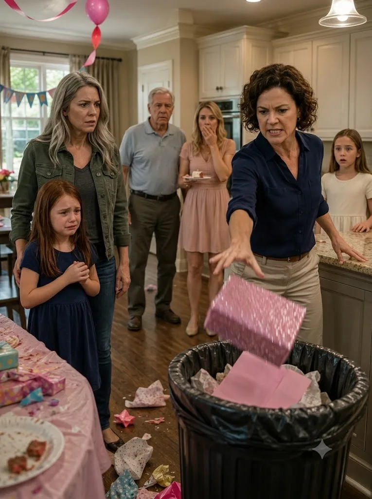 MY MOTHER THREW MY DAUGHTER’S BIRTHDAY GIFT IN THE TRASH—TEN HOURS LATER, TWO POLICE OFFICERS WALKED INTO THE BANK
