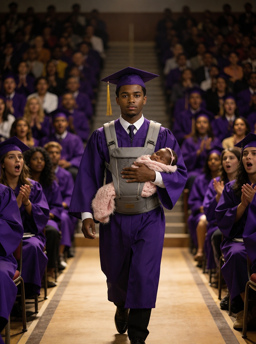 THEY STARTED LAUGHING THE MOMENT MY SON WALKED ONTO THE GRADUATION STAGE WITH A NEWBORN IN HIS ARMS. SOMEONE SITTING BEHIND ME EVEN MUTTERED, "JUST LIKE HIS MOTHER…" BUT WHAT HE SAID NEXT SILENCED THE ENTIRE ROOM.