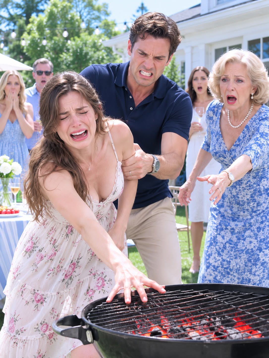 At our backyard barbecue, everyone laughed while I sweated over the grill, serving guests like a maid. “Do your duty as a wife,” my mother-in-law sneered. My husband tasted the meat and roared, “You call this edible?” Then he slammed my palm onto the hot grate. I screamed—but instead of begging, I overturned the table, smashed the grill, and smiled. They thought I had finally broken. They had no idea what I would destroy next.