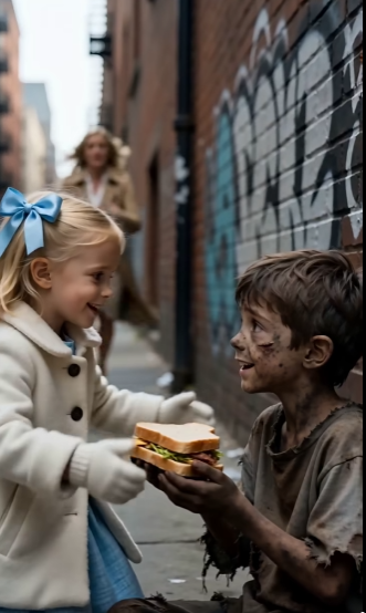 The little girl found him sitting against a graffiti-covered wall. His clothes were torn. Dirt covered his face, and his thin hands shook from hunger. She held out her sandwich.