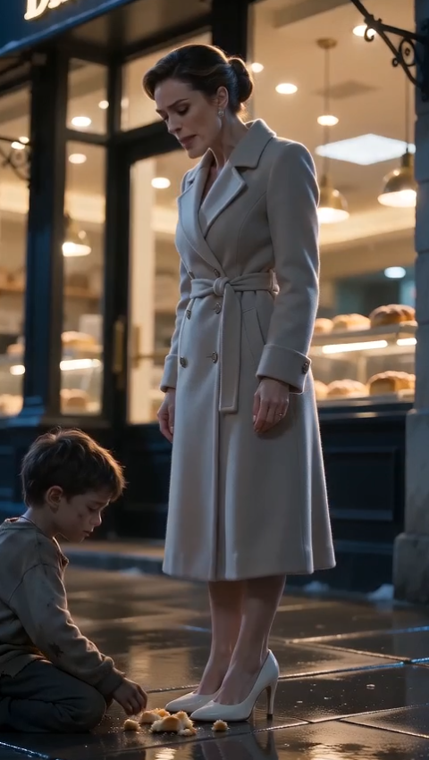 The boy reached for the bread with both dirty hands. Before his fingers touched it, the rich woman stepped on it.