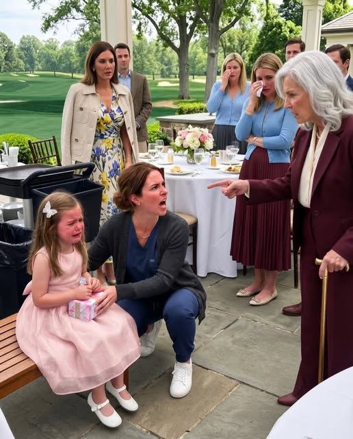 At my cousin’s party, my 7-year-old daughter was mocked for being “poor” and having a “lowly nurse” as her mom. They forced her to sit beside the trash while everyone laughed. Then my husband’s wealthy grandmother found out and made one announcement that drained every face in the room.