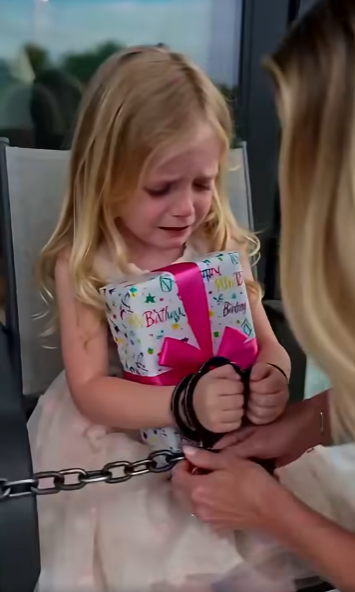 My five-year-old daughter was tied to a patio chair outside, both wrists bound in front of her while a wrapped birthday present was clutched against her chest.