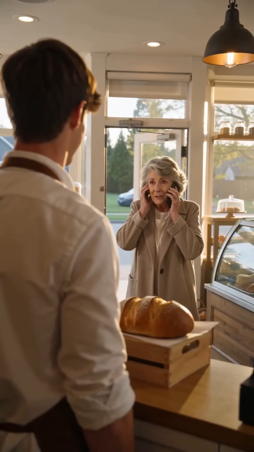 An elderly woman stood at the bakery counter with an old wallet and not enough money for one loaf of bread. Liam, an eighteen-year-old employee wearing worn sneakers, quietly used the last four dollars he needed for his family to cover the difference. His manager immediately demanded his badge.