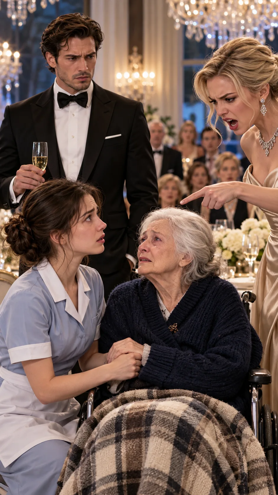 “TAKE THAT RATTY SWEATER OFF HER! SHE LOOKS LIKE A STREET BEGGAR, AND I WON’T HAVE HER RUINING MY CELEBRATION!” THE BILLIONAIRE’S FIANCÉE HUMILIATED HIS 24-YEAR-OLD NURSE FOR KEEPING HIS FRAIL MOTHER WARM—BUT WHEN EVELYN STERLING CLUTCHED THE NURSE’S WRIST AND WHISPERED, “THEY PUT MY BED IN THE BOATHOUSE,” JULIAN SLOWLY SET DOWN HIS CHAMPAGNE GLASS.