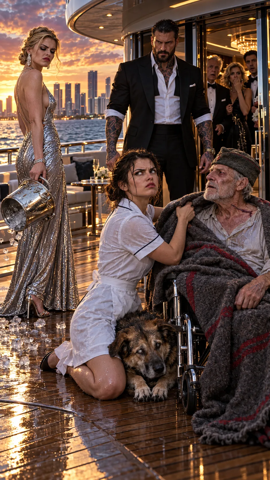 “KICK THAT ROTTING DOG AND ITS OWNER OFF MY DECK! THIS IS A MICHELIN-STARRED CHRISTENING CRUISE, NOT A HOMELESS SHELTER ON WATER!” THE RUSSIAN BRATVA BOSS’S INFLUENCER FIANCÉE DUMPED A BUCKET OF ICE WATER OVER HIS PARALYZED CHILDHOOD MENTOR—UNTIL SEVENTY-YEAR-OLD BORIS LEANED HIS HEAD AGAINST THE MAID’S KNEE AND WHEEZED, “NIKOLAI, THEY TOOK MY WAR PENSION THREE MONTHS AGO.”