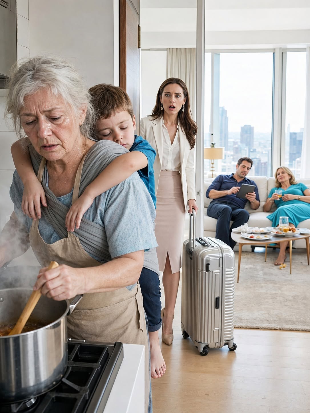 I Came Home Three Hours Early and Found My Sick Mother Cooking with My Son Strapped to Her Back While My Husband and Mother-in-Law Watched TV