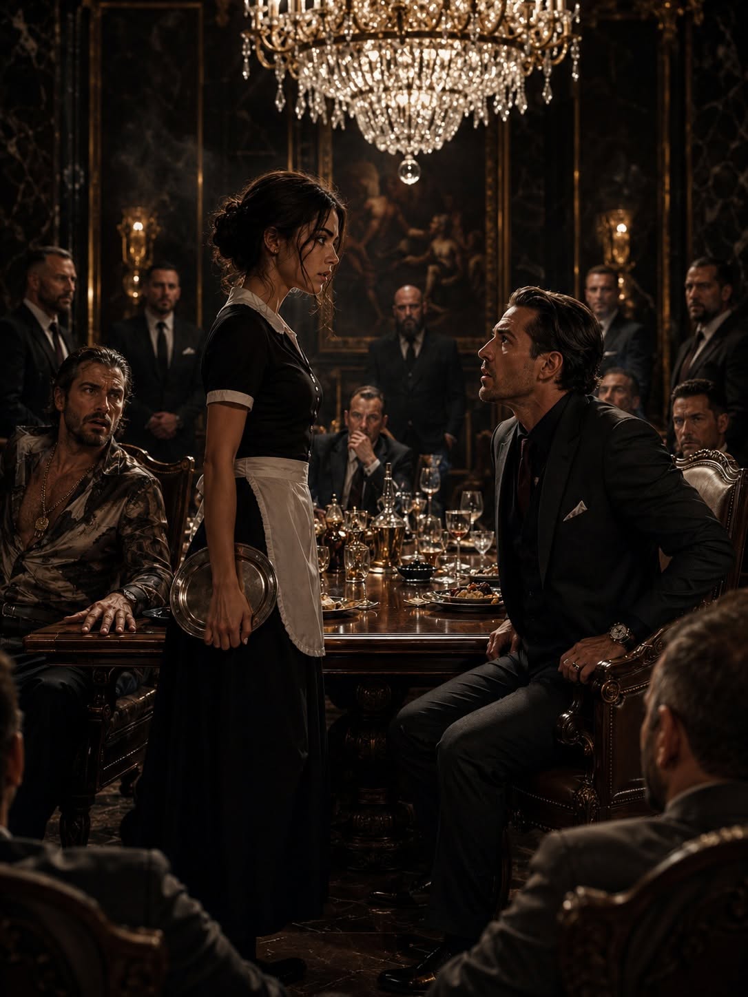 The Mafia Boss Was About to Lose Everything—Until the Quiet Maid Spoke One Sentence That Changed the Entire Deal. By the time Mara Vale understood that the man at the far end of the dining table was about to lose two billion dollars, she had bleach under her fingernails, a silver tray balanced on her palm, and exactly thirty-seven dollars left in her checking account.