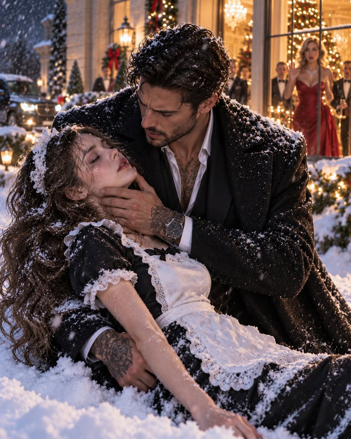 By the time Roman DeLuca found me buried in the snow, my eyelashes had frozen together—and inside his mansion, Christmas dinner was still being served. Forty guests were drinking champagne beneath crystal chandeliers while I lay unconscious less than two hundred yards away, and the terrifying truth was that someone inside that warm house had deliberately sent me there.