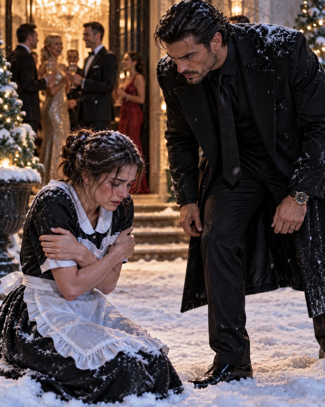 His Maid Was Freezing in the Snow While Others Celebrated—The Mafia Boss Was Furious. Christmas lights glowed along the banister of the Grimaldi mansion, warm and steady against the storm building outside. I stood on the third stair, winding silver garland through polished mahogany while snow rattled at the tall windows. My fingers were stiff from the cold that slipped through the entrance whenever guests arrived.