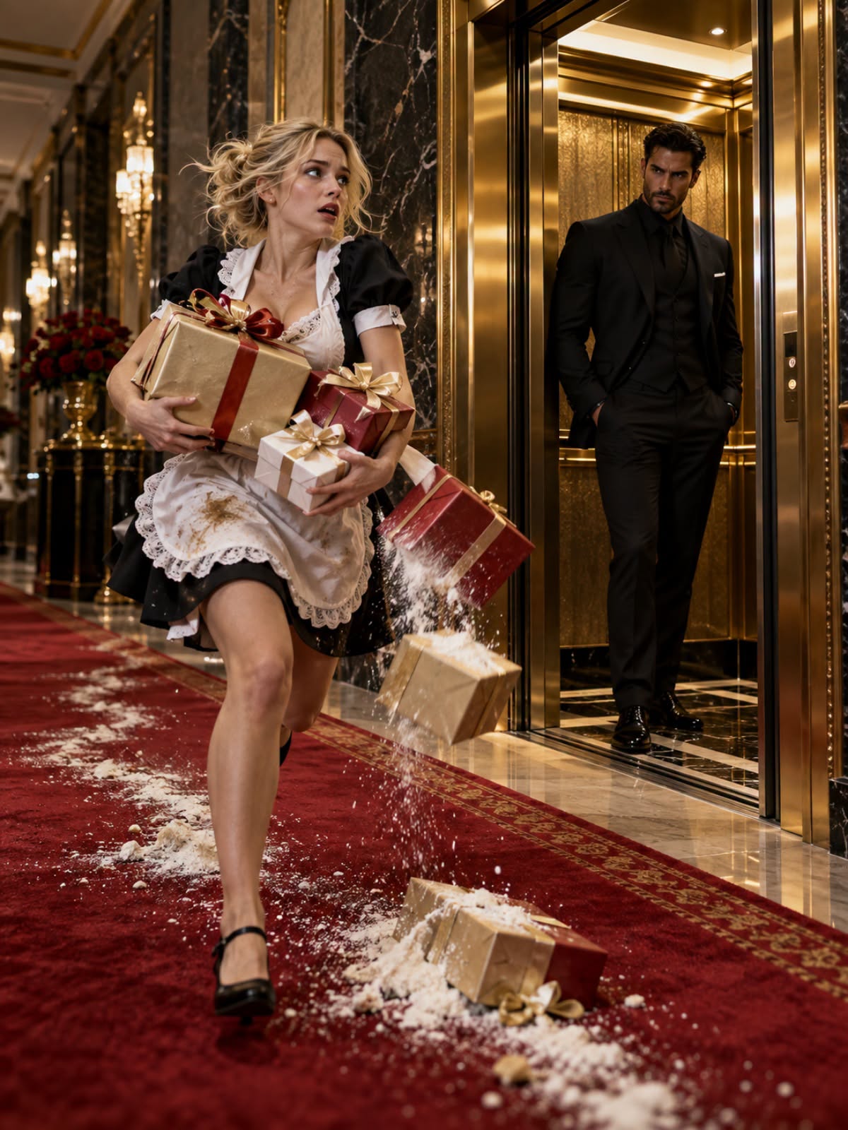 The Elevator Doors Closed Before Her Ex Reached Her—Then the Mafia Boss Asked, “Who’s Chasing You?” The marble floor of the Celestial Hotel was polished so perfectly that Aurora Reyes could see her own reflection trembling beneath her feet. She adjusted the pastry boxes stacked in her arms, pressing their corners into her palms hard enough to hurt. The pain gave her something concrete to focus on while panic began tightening around her chest.