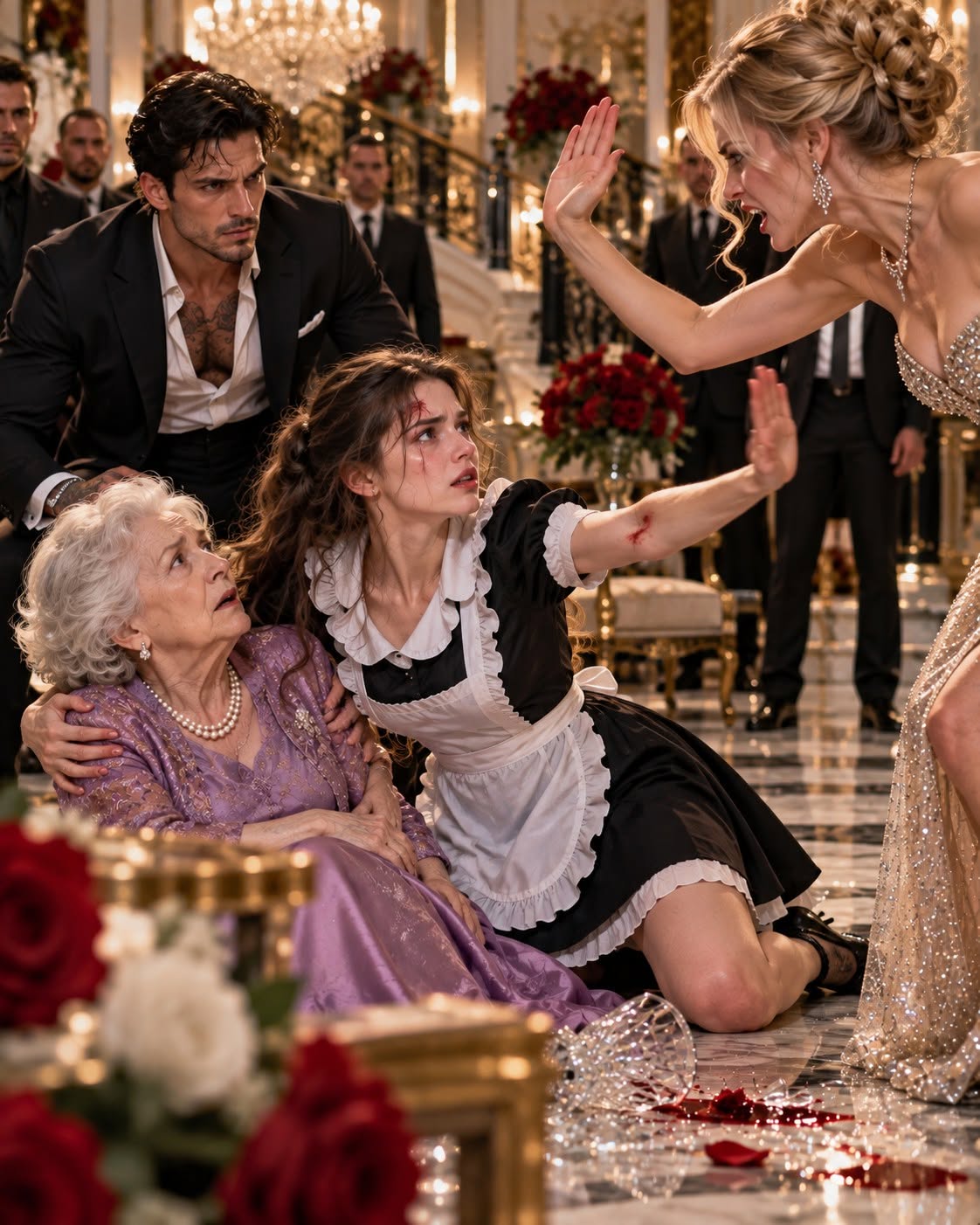 At 10:07 P.M., a wealthy heiress raised her hand to slap an elderly woman, and I was the only maid brave enough to step between them. The blow struck my face instead, sending me bleeding onto the marble floor
