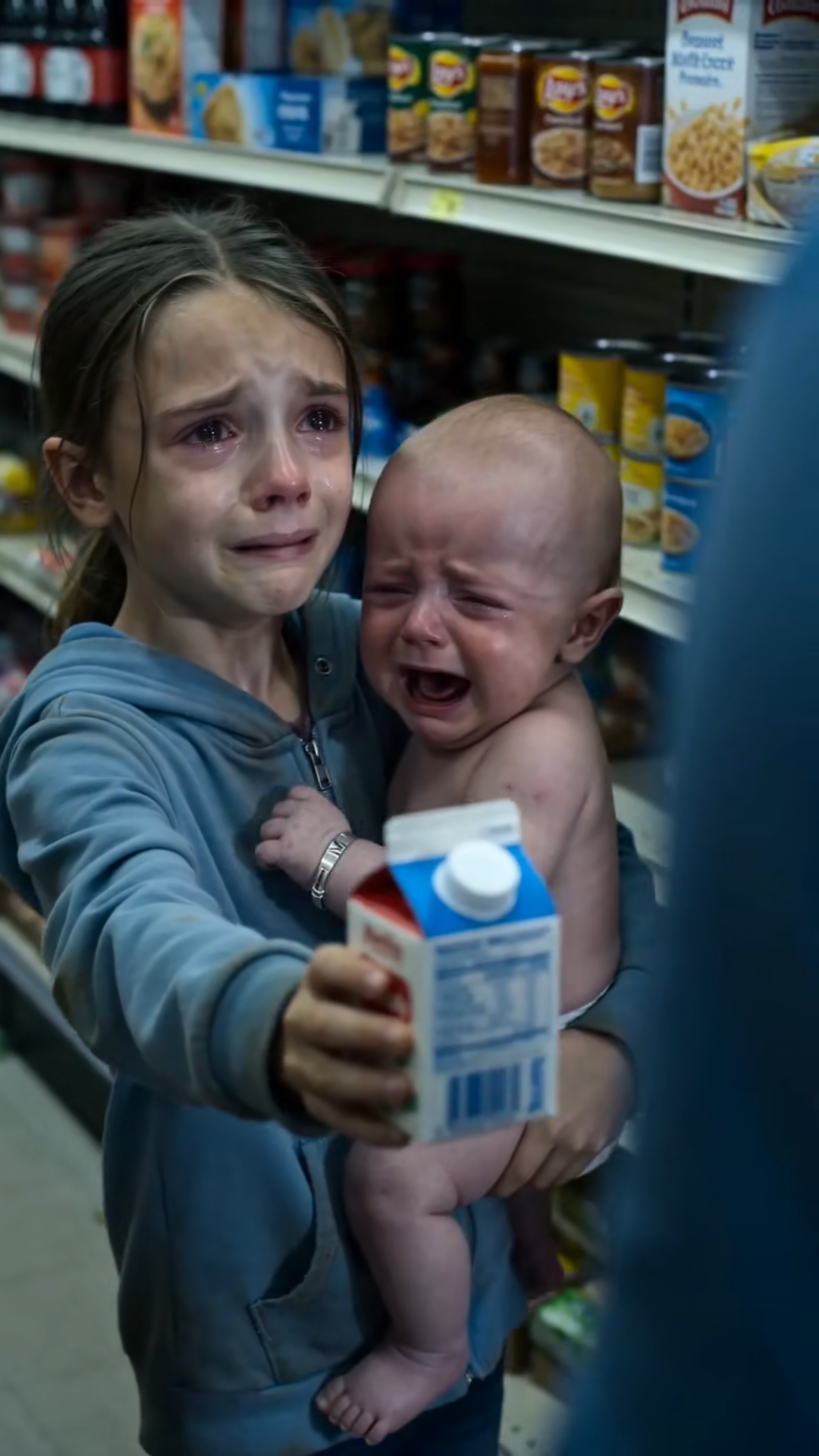La niña abrazaba a su hermanito y solo quería comprar leche… hasta que todo el supermercado descubrió la verdad