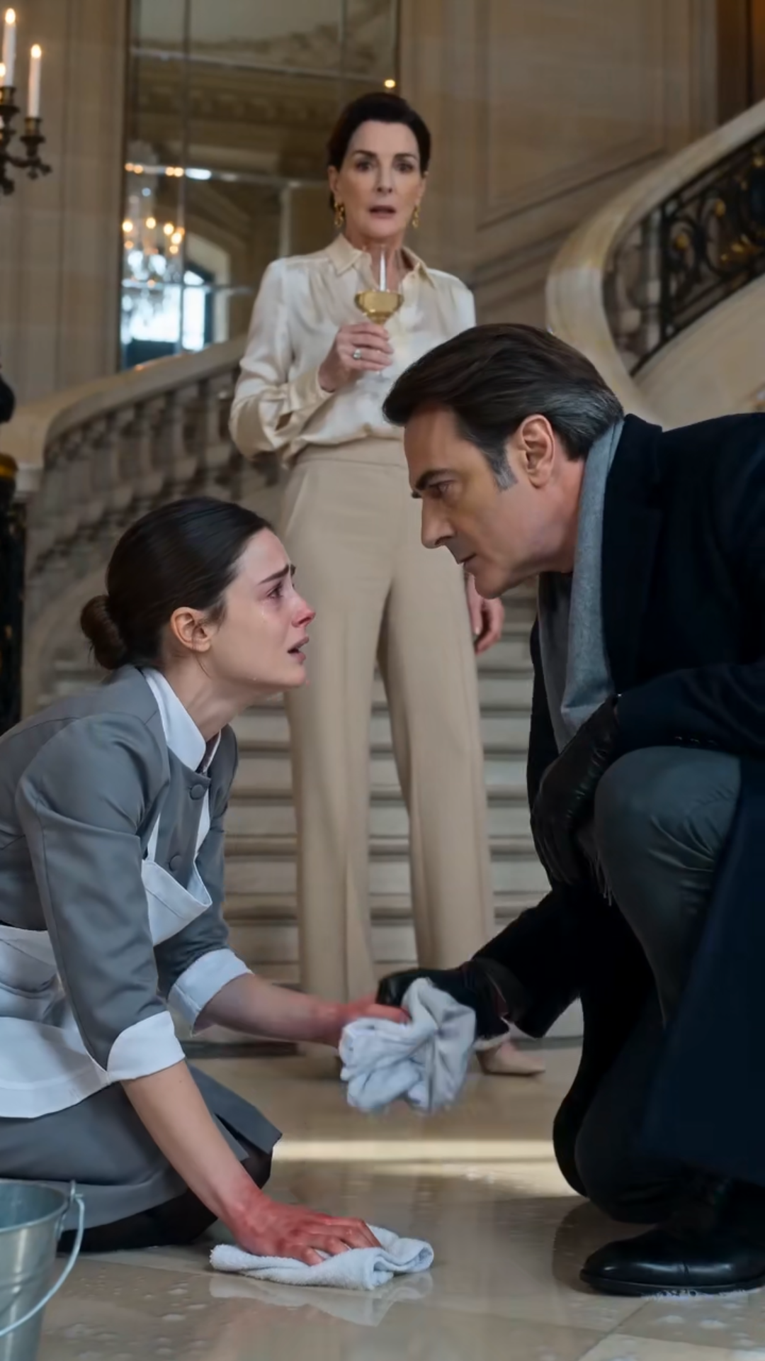 **Elle nettoyait le sol à genoux devant les invités… jusqu’à ce qu’un homme reconnaisse le pendentif de son père**