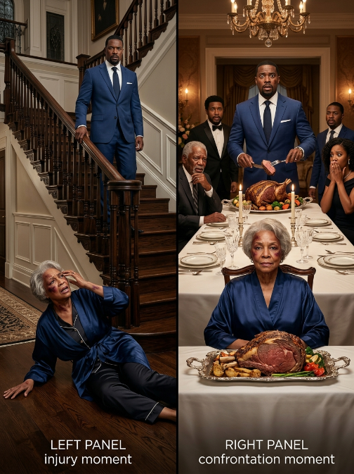 After my son pushed me down the stairs for refusing to pay his gambling debts, I didn’t shed a tear. The next afternoon, I roasted a prime rib, polished his late father’s crystal glasses, and set the dining room to perfection. He strutted in, grabbed a piece of meat with his bare hands, and laughed, “Good girl. Now go get my checkbook.” He stopped dead when the three men in suits turned around from the head of the table. They weren’t my friends; they were the estate lawyers, and they had just finished notarizing his complete disinheritance.