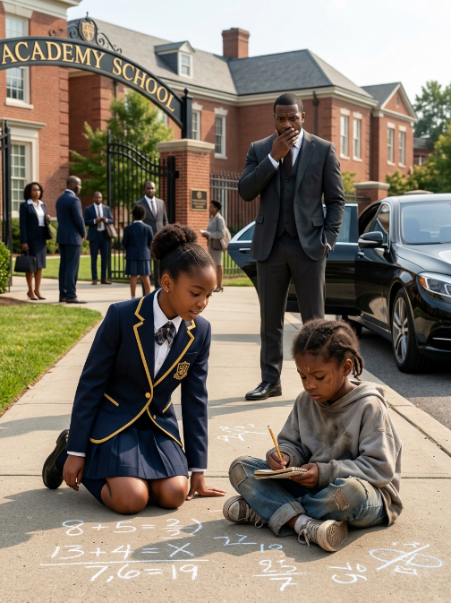 A billionaire arrived early to pick up his daughter from school—only to see a homeless girl teaching her on the sidewalk. What happened next left everyone stunned.