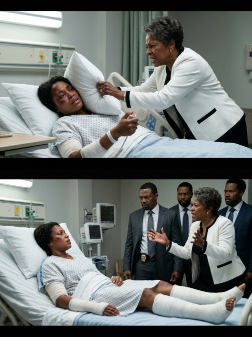 I was trapped in a full-body cast, recovering from a suspicious balcony fall that nearly snapped my spine. My mother-in-law leaned over my hospital bed, viciously pinching my bruised cheek, and held a pillow over my face. “You should have died in the fall, you cheap trash, but I’ll finish the job so my son can be free,” she whispered maliciously, pressing down hard. I held my breath with terrifying calm, waiting exactly ten seconds before hitting the silent alarm hidden in my palm. The door immediately burst open, revealing not doctors, but the three private investigators who had been monitoring this trap for the past 48 hours.