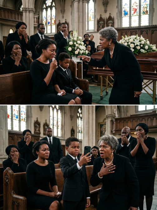 At my husband’s funeral, his mother looked straight at me and said coldly, “Better he’s gone now than forced to live with the embarrassment she brought him.” A few relatives nodded, whispering their approval. Before I could respond, my eight-year-old son rose from his seat, gripping his dad’s phone with both hands. “Grandma,” he said in a steady voice, “do you want me to play the recording Dad made about you last week?” Her expression collapsed instantly—the color drained from her face as the entire room fell silent.