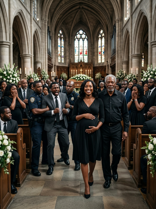 My husband shoved my nine-month-pregnant body off an icy cliff, believing a $50 million life insurance payout was worth my death. At my “funeral,” he stood beside his mistress and smirked. “They both froze to death,” he sneered. “That useless woman deserved it.” Then the cathedral doors exploded open. Every head turned. I walked slowly down the aisle, arm-in-arm with my father—the billionaire CEO of the insurance empire…