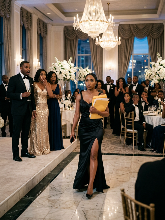 A highly detailed, photorealistic dramatic confrontation scene at a luxurious formal gala or wedding reception in an elegant hall with large windows and floral arrangements. All characters are African American (Black American).  Center focus: - A confident, serious Black woman in a sleek black satin gown with high slit, walking forward while holding a stack of yellow envelopes/folders and a smartphone, looking straight ahead with a strong, determined expression.  Left side on the raised stage: - A shocked Black man in a dark suit holding a champagne glass, mouth open in surprise. - A Black woman in a sparkling gold sequined gown looking shocked. - Another Black woman in a dark blue dress also looking shocked.  Background: - Many other Black guests in formal evening wear standing with shocked expressions, some covering their mouths or reacting dramatically.  Setting: Opulent ballroom with marble floors, chandeliers, large white floral displays, stage area, bright elegant lighting.  Keep the exact same composition, camera angle, strong emotional facial expressions (determined woman in black dress, shocked man and women on stage, surprised guests), body language (walking forward with documents, holding champagne glass, shocked stances), clothing details (black satin gown with slit, dark suit, gold sequined gown, blue dress), yellow envelopes, and high-tension dramatic atmosphere as the reference image. Photorealistic, cinematic, 8k quality, highly detailed.