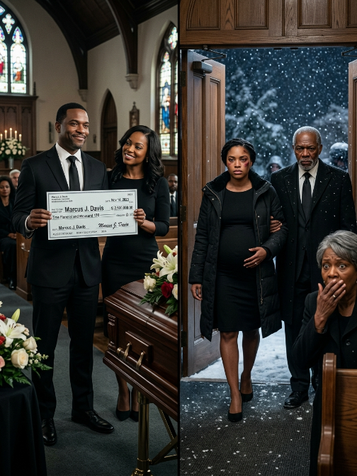 He shoved my nine-month pregnant body off the freezing cliff, laughing as he claimed the $50 million life insurance. Now, at my fake funeral, he smirked at his mistress, his pen hovering over the settlement check. “They both froze to death,” he whispered. Suddenly, the cathedral doors violently burst open. I walked down the aisle, clutching my heavy belly, my scarred face held high, arm-in-arm with the Insurance Group’s billionaire CEO—my biological father…