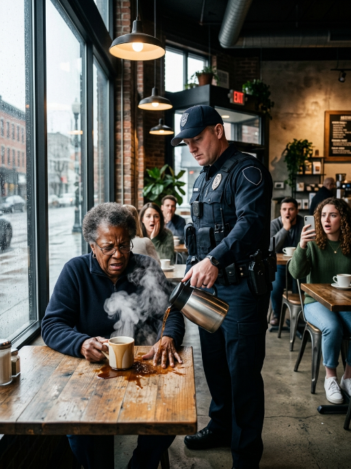 The café went silent when the officer leaned in. “Move. Now.” Evelyn didn’t flinch. “You don’t own this seat.” His jaw tightened—then the cup tipped. Hot coffee splashed down her chest as she gasped, refusing to scream. Phones shot up. Someone whispered, “He just did that…” And then the door chimed. A man in a tailored suit froze. “Mom?” What happens next changes the whole town.