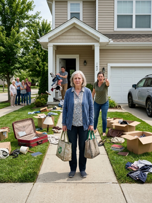 I stood frozen on my son’s porch as my suitcase burst open at my feet. ‘Get out, beggar!’ my daughter-in-law screamed, while my own son hurled the rest of my things into the yard like I meant nothing. I wanted to tell him the truth right then—that I made $80,000 a month and could buy every house on this street—but I stayed silent. A month later, when he saw my name across the street, everything changed