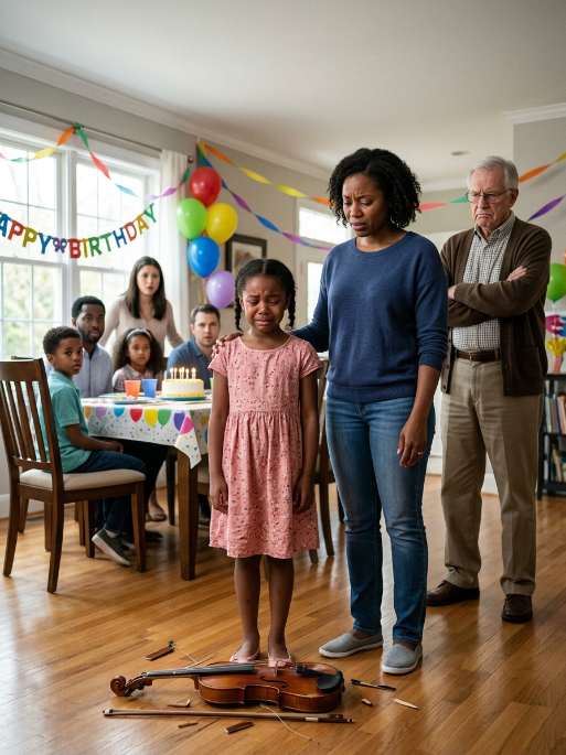 On my daughter’s tenth birthday, I finally gave her the gift she’d been begging for – a violin. Her eyes lit up. “Mommy, look! Grandpa, look!” she exclaimed, running to show my father. He didn’t smile. “A violin? Do you want the whole family screaming all day?” Before I could answer, he snatched it – and threw it to the floor. It shattered with a loud crash. My daughter stood there speechless. I stared at the broken pieces of wood… and realized something else had just shattered too. But what do you do when your own father is the one who broke it?
