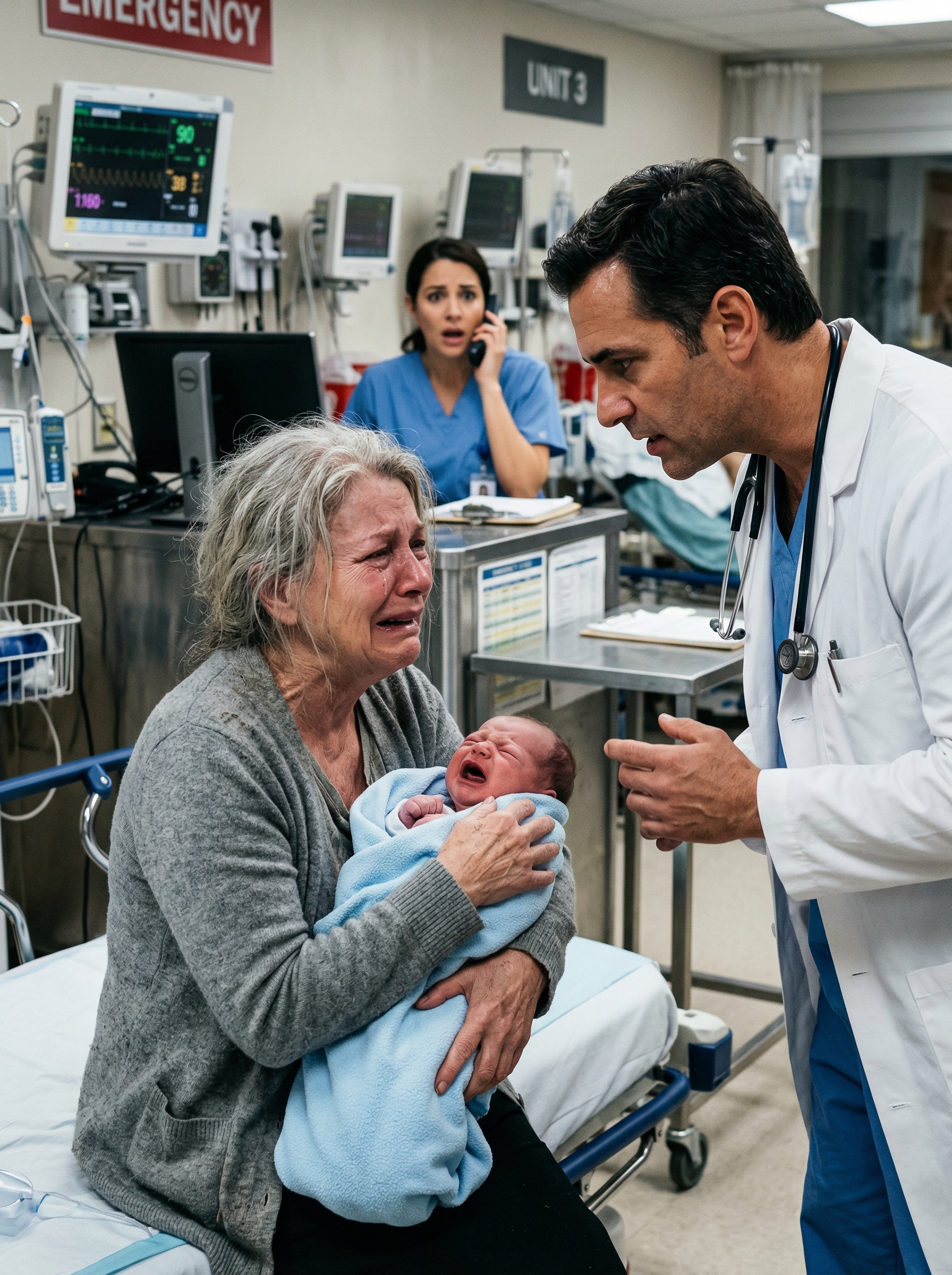 My two-month-old grandson was crying harder than usual. “He’s just fussy,” my daughter-in-law said casually. But something felt wrong. I gently lifted his shirt—and my heart stopped. His tiny back was covered in dark bruises. At the ER, the doctor’s voice turned cold: “There’s a healing rib fracture.” I felt the world spin… until he added quietly, “You need to hurry—police just found their car abandoned at the airport.”