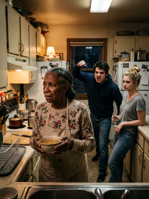 My fingers dug into his wrist, but his grip only tightened. I tasted panic and iron as he roared, “Obey me, you useless old woman! Go cook my dinner—NOW!” Behind him, my daughter-in-law giggled like it was a show. I stared into my son’s eyes and realized the boy I raised was gone—replaced by something cruel. I stopped struggling. I smiled. “Alright,” I whispered, “I’ll cook.” Because tonight, I wasn’t making dinner. I was setting the table for a lesson he’d remember for the rest of his life.