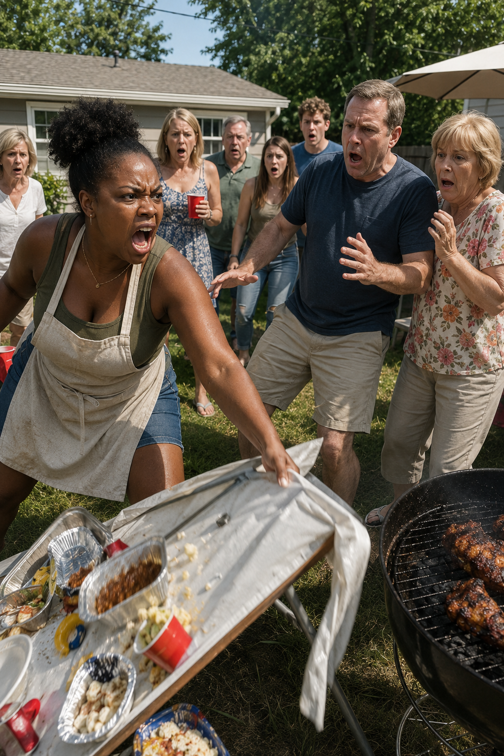 At our backyard barbecue, everyone laughed while I sweated over the grill, serving guests like a maid. “Do your duty as a wife,” my mother-in-law sneered. My husband tasted the meat and roared, “You call this edible?” Then he slammed my palm onto the hot grate. I screamed—but instead of begging, I overturned the table, smashed the grill, and smiled. They thought I had finally broken. They had no idea what I would destroy next.