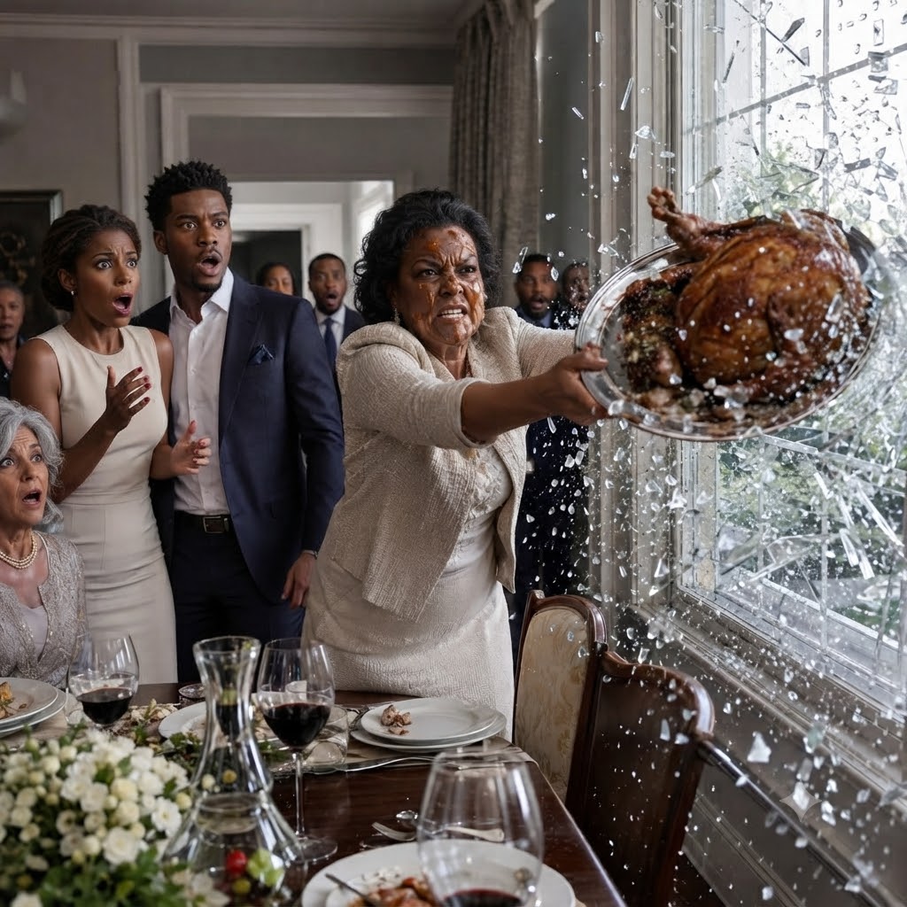I spent six hours preparing a lavish dinner for my daughter-in-law’s wealthy parents. Before they arrived, she tasted the gravy and deliberately spat it right in my face. “It’s disgusting, just like you,” she hissed. My son just patted her shoulder to calm her down, ignoring me completely. I quietly wiped my face, picked up the entire roasted turkey platter, and threw it straight through the dining room’s glass window. The shattering crash made them both freeze in terror just as the doorbell rang…