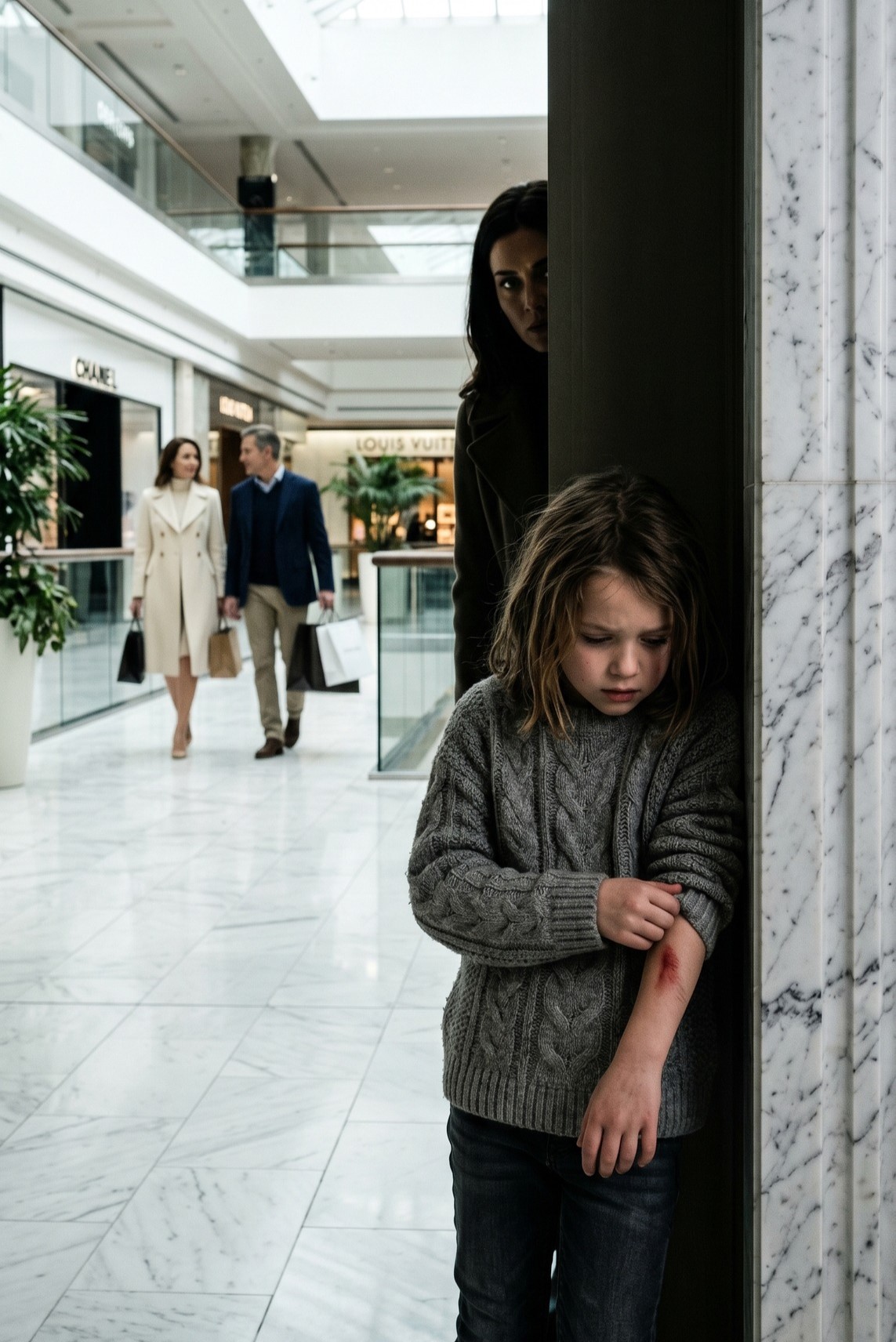 My 11-year-old yanked me behind a pillar at the mall. “Don’t move,” she whispered. I looked out and FROZE. My mother-in-law, who supposedly uses a walker and has dementia, was strutting in high heels with my husband. When my daughter showed me the bruise from her “frail” grandma, I realized their cruel game. I went home, stayed silent, and took action. The next morning, they went pale …