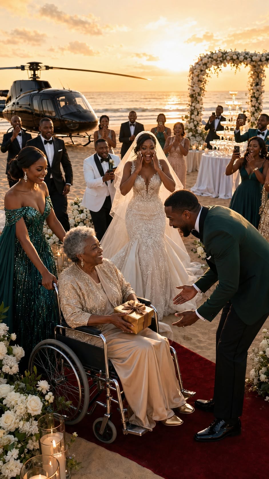 At my sister-in-law’s luxurious private beach wedding, she ordered the security guards to lock my wheelchair-bound grandmother in a sweltering equipment shed because her oxygen tank “ruined the tropical aesthetic.” When I rushed to stop them, my husband kicked the back of my knees, forcing me onto the sand in front of 500 VIP guests. “Kneel and apologize to the bride, or I’m taking the children,” he hissed. The crowd erupted in cruel laughter. I slowly stood up, brushed the sand off my bruised knees, and pulled out my phone. “Grandma,” I said into the screen, “You were right.” Within three minutes, a fleet of black helicopters descended on the beach, and the true owner of the island stepped out