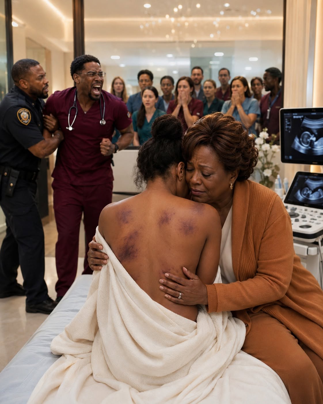 At the VIP clinic, I was helping my nine-month pregnant daughter out of her clothes for her final ultrasound