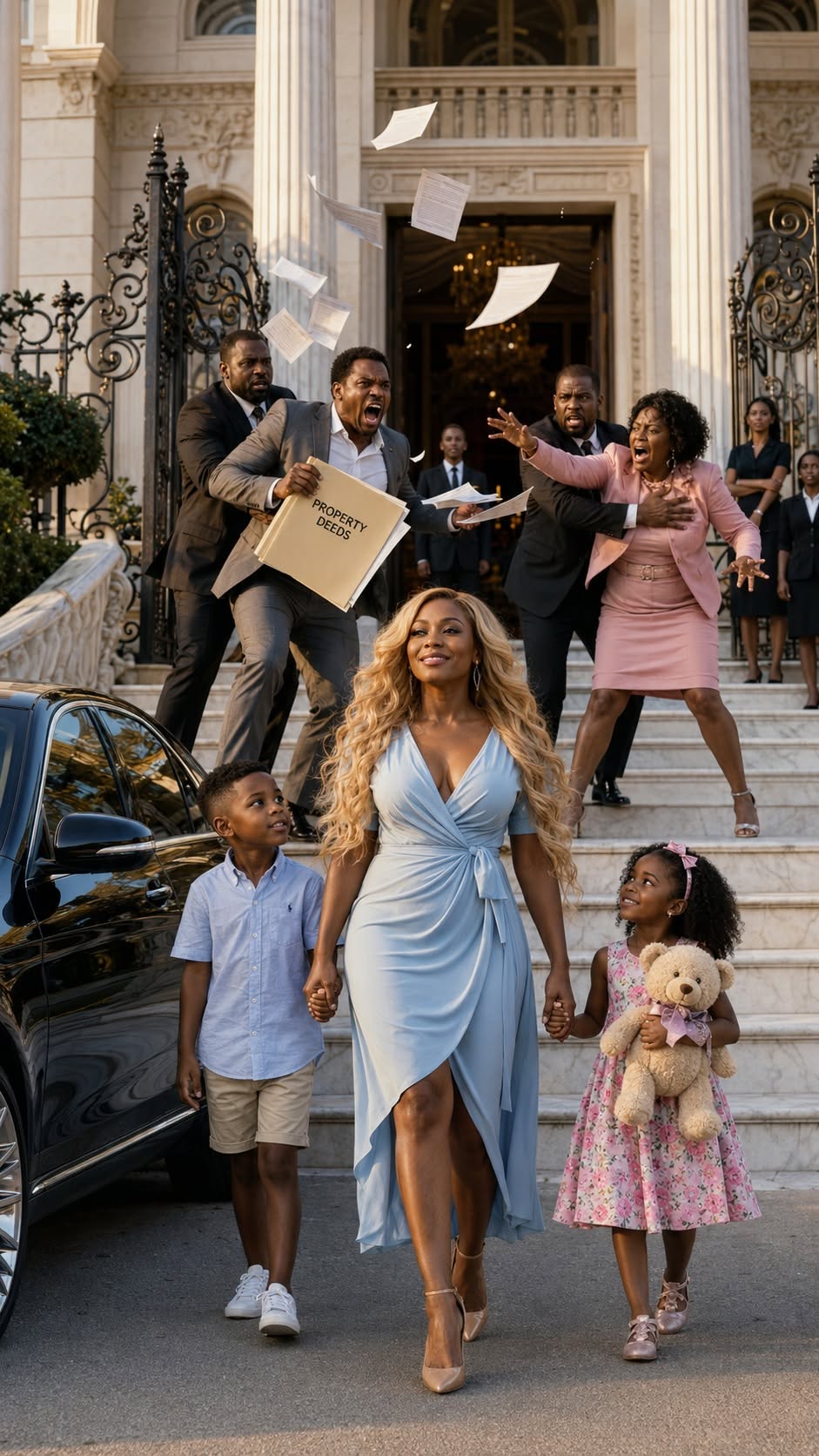The afternoon I rushed home with our two kids to tell my husband I’d inherited $24 million and a Manhattan skyscraper, I found him waiting with his mistress and divorce papers. She smirked, “Pack your bags. This house has no room for a leech.” I smiled, unfolded one document, and said, “Actually… this house belongs to me.” Seconds later, two security officers walked up the driveway.