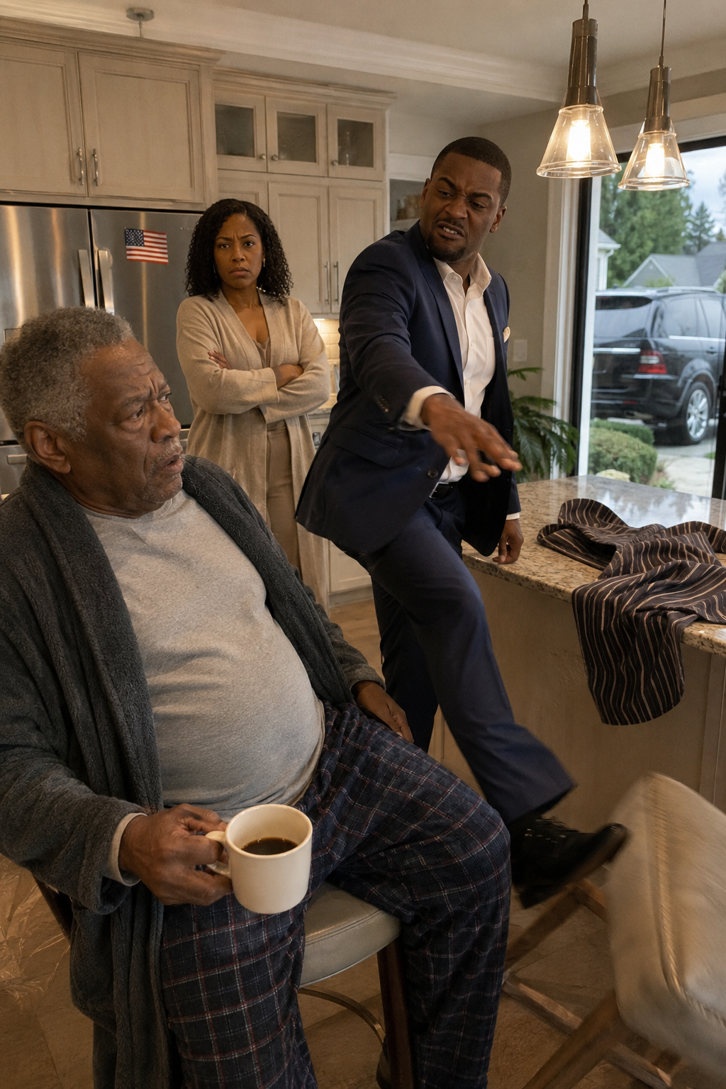 I lived in my daughter’s guest room for three years while secretly paying every bill she thought her husband could afford. Then one morning, my son-in-law kicked my chair and sneered, “Put on the apron and serve the coffee.” I looked at my daughter, waiting for her to speak. Instead, she said, “Dad, you should be grateful we let you live here.” They thought I was a broke old mechanic. They had no idea they had just humiliated the man who owned everything. And when I walked out with my suitcase, their world began to collapse.