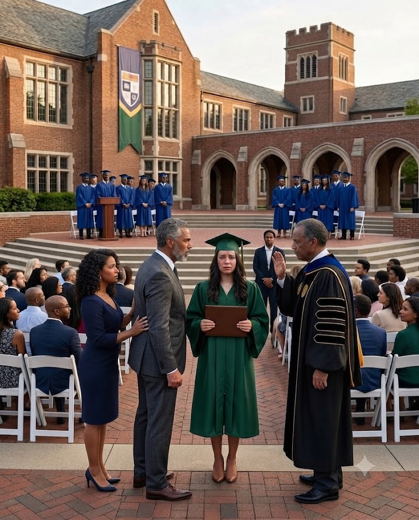 At my own graduation, my father sla:pped me so hard my cap hit the floor. “You don’t deserve that degree,” he spat, while my mother screamed, “You’re just a failure in a gown!” Everyone stared, waiting for me to break. But I didn’t cry. I picked up my diploma, smiled at the cameras, and said, “Good. Now you’ll all hear the truth.” What I revealed next destroyed them.