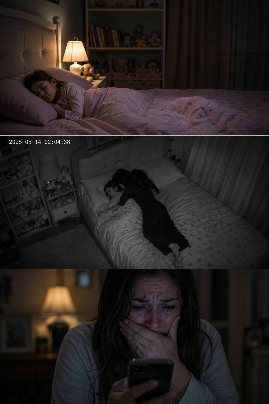 An eight-year-old girl sleeps alone, but every morning she complains that her bed feels “too small.” When her mother checks the security camera at 2 a.m., she breaks down in silent tears….